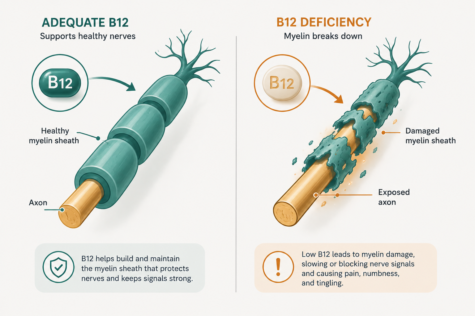 How vitamin B12 supports the myelin sheath and how deficiency damages nerves.