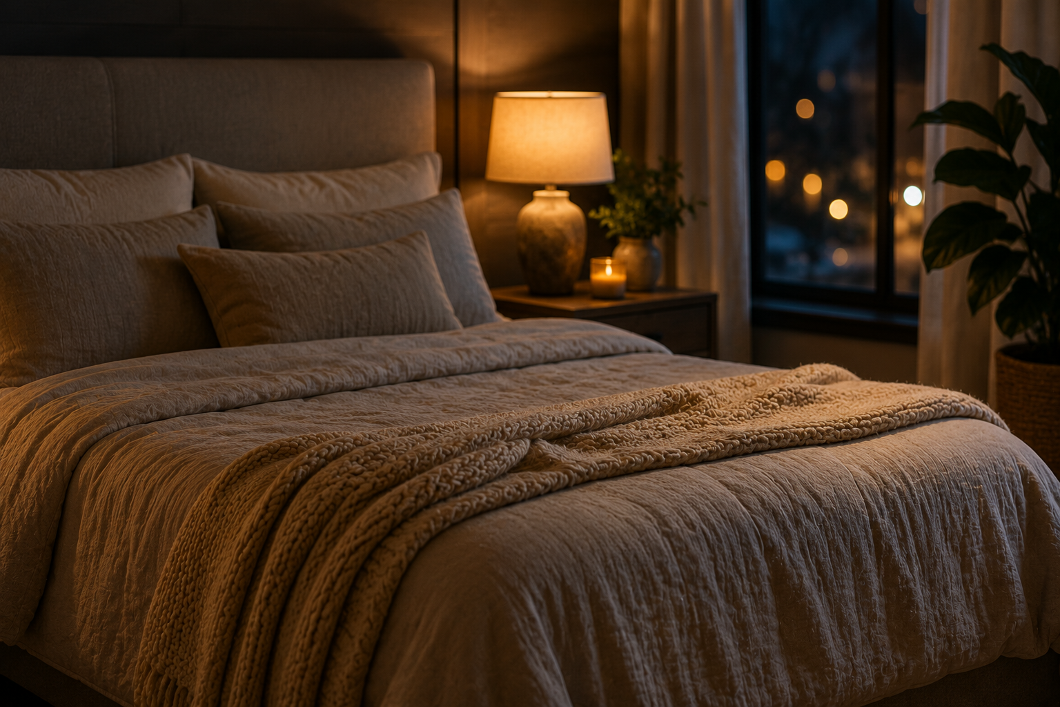 A calm bedroom set up for better sleep with neuropathy foot pain.
