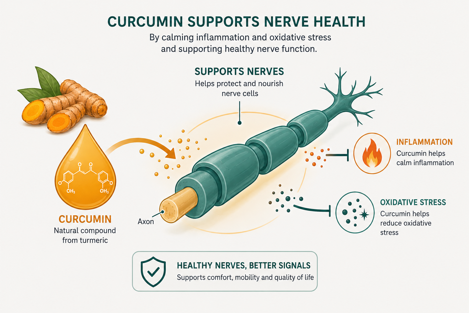 How curcumin is studied to reduce inflammation and oxidative stress around nerves.