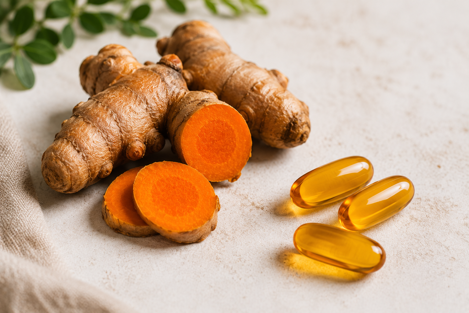Raw turmeric root beside a standardized curcumin capsule for nerve pain support.